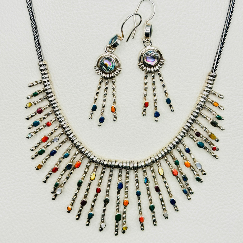 Conjunto de collar y pendientes de piedra colorida | Hecho a mano en plata de ley 950