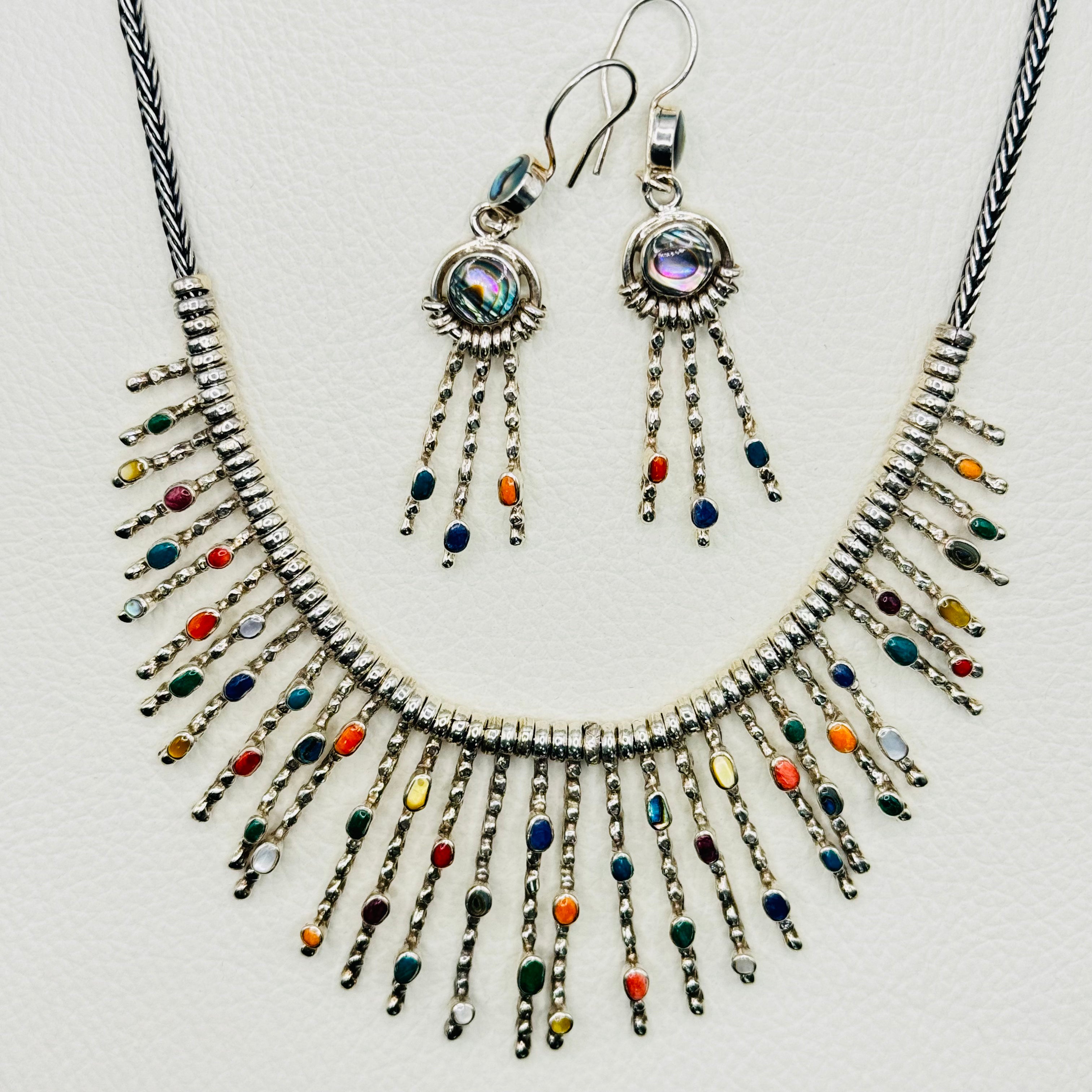 Conjunto de collar y pendientes de piedra colorida | Hecho a mano en plata de ley 950