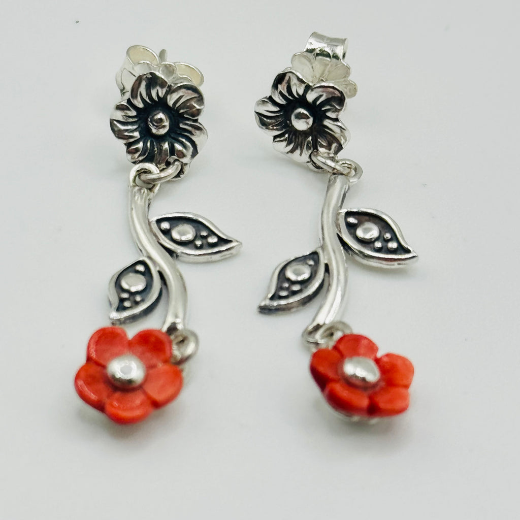 Red Flower Drop Earrings | Sterling Silver 950 & Natural Spiny Oyster