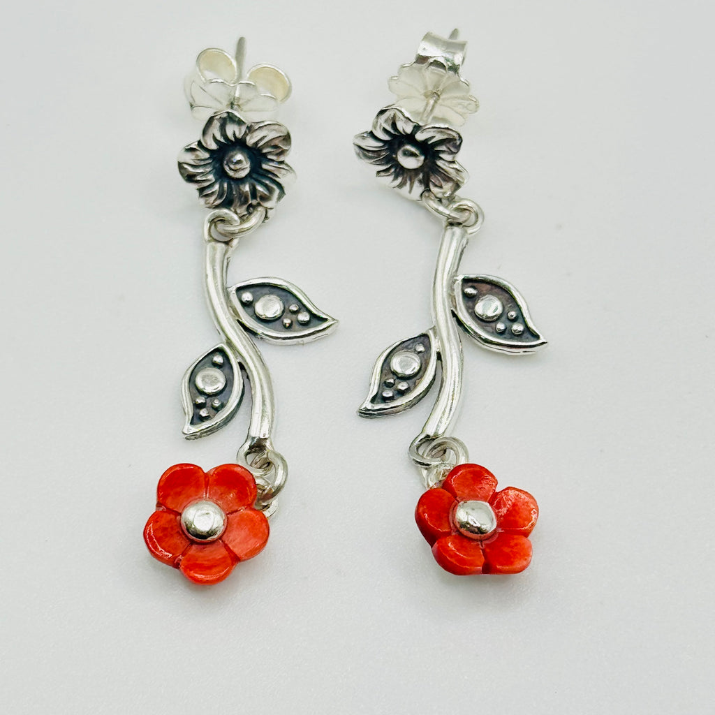 Red Flower Drop Earrings | Sterling Silver 950 & Natural Spiny Oyster