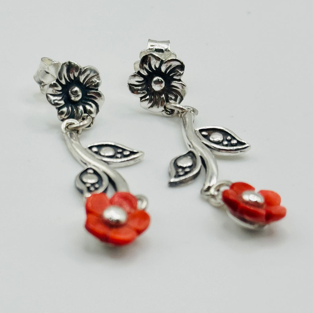 Red Flower Drop Earrings | Sterling Silver 950 & Natural Spiny Oyster
