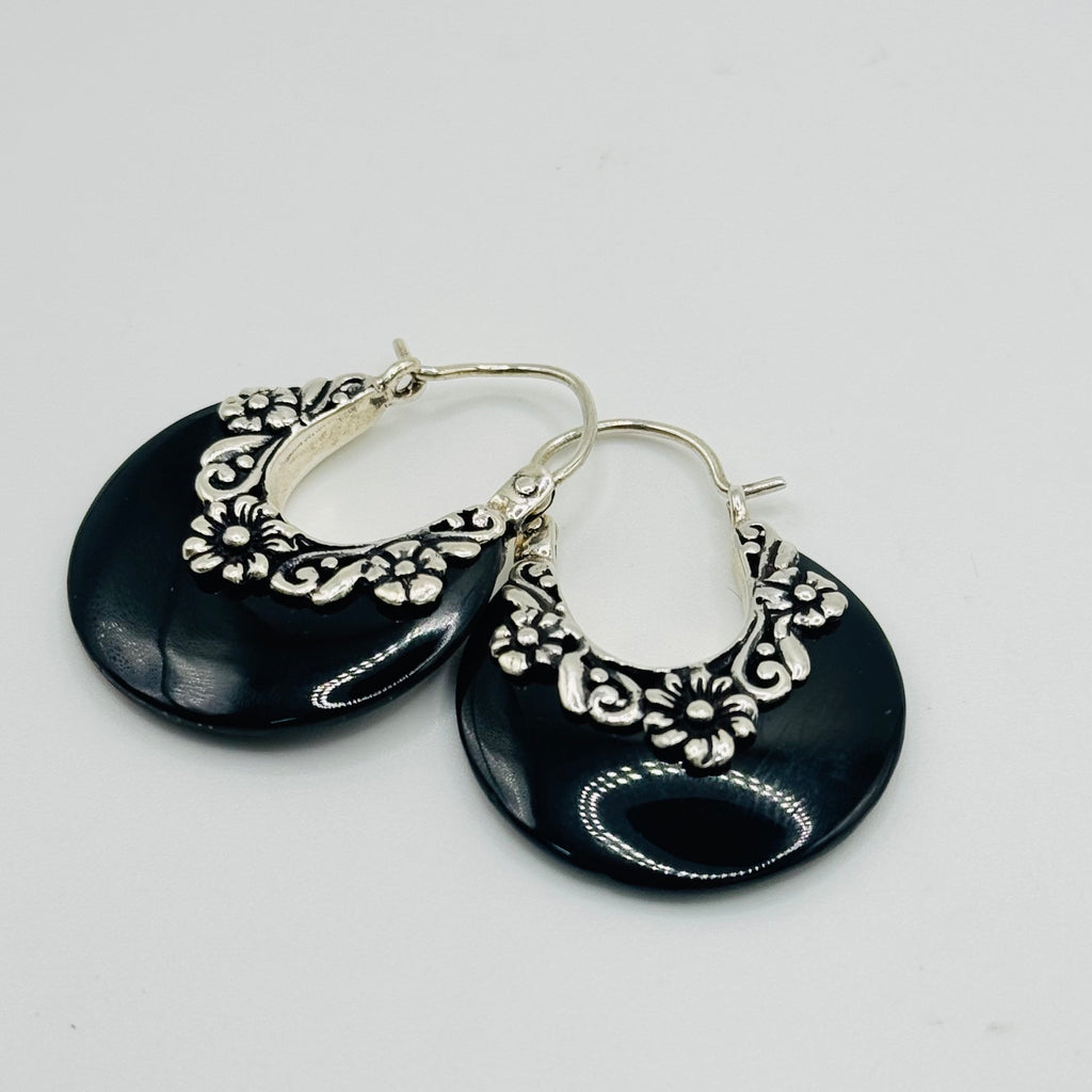 Handmade Obsidian Earrings with Flower Detail | 950 Sterling Silver