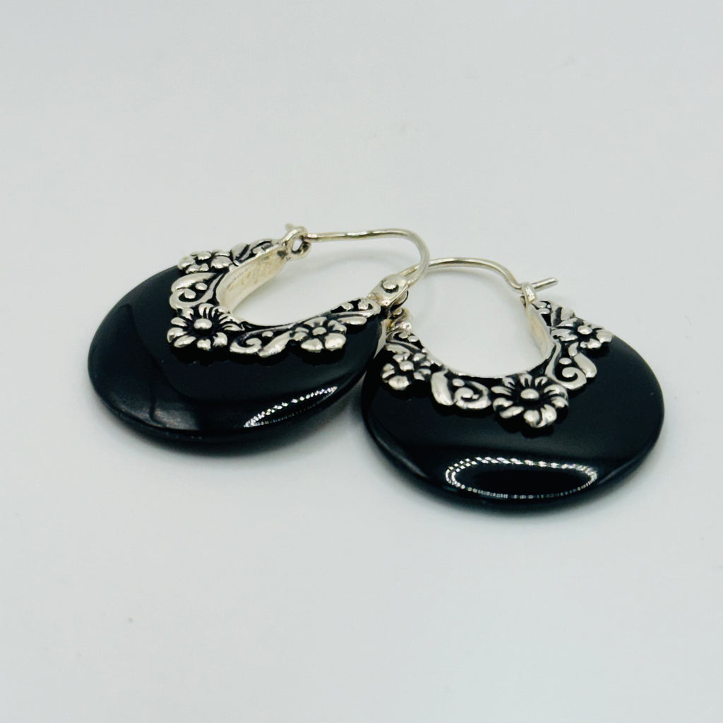 Handmade Obsidian Earrings with Flower Detail | 950 Sterling Silver