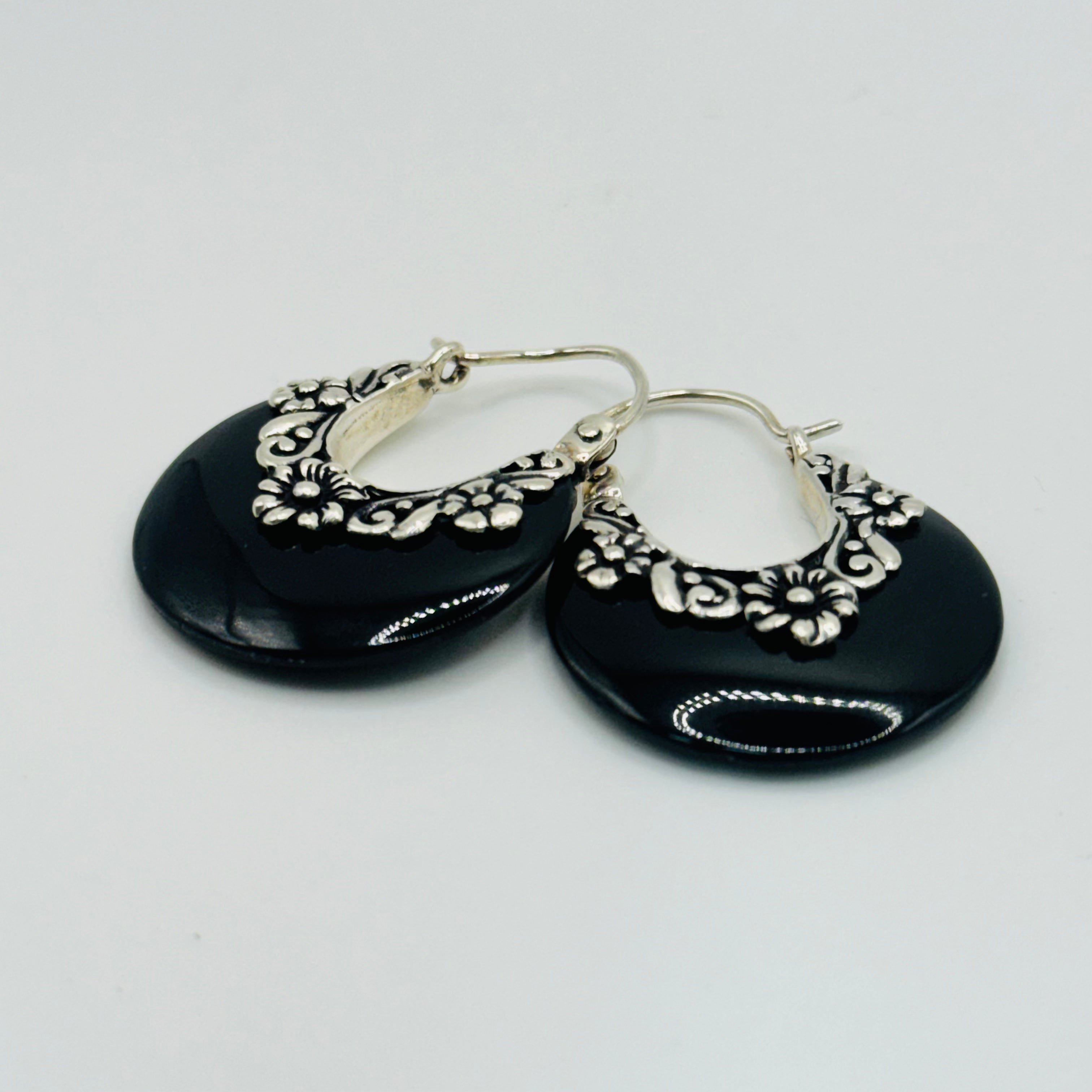 Handmade Obsidian Earrings with Flower Detail | 950 Sterling Silver