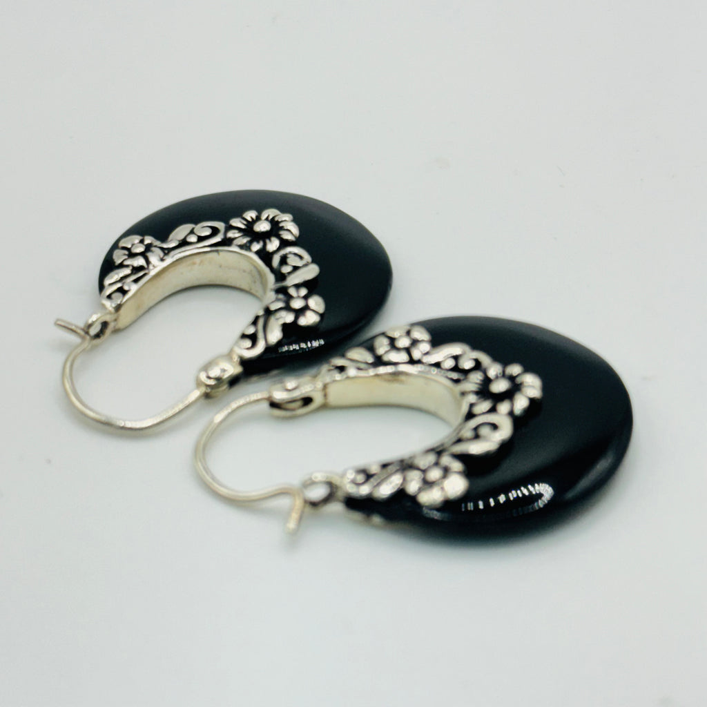 Handmade Obsidian Earrings with Flower Detail | 950 Sterling Silver