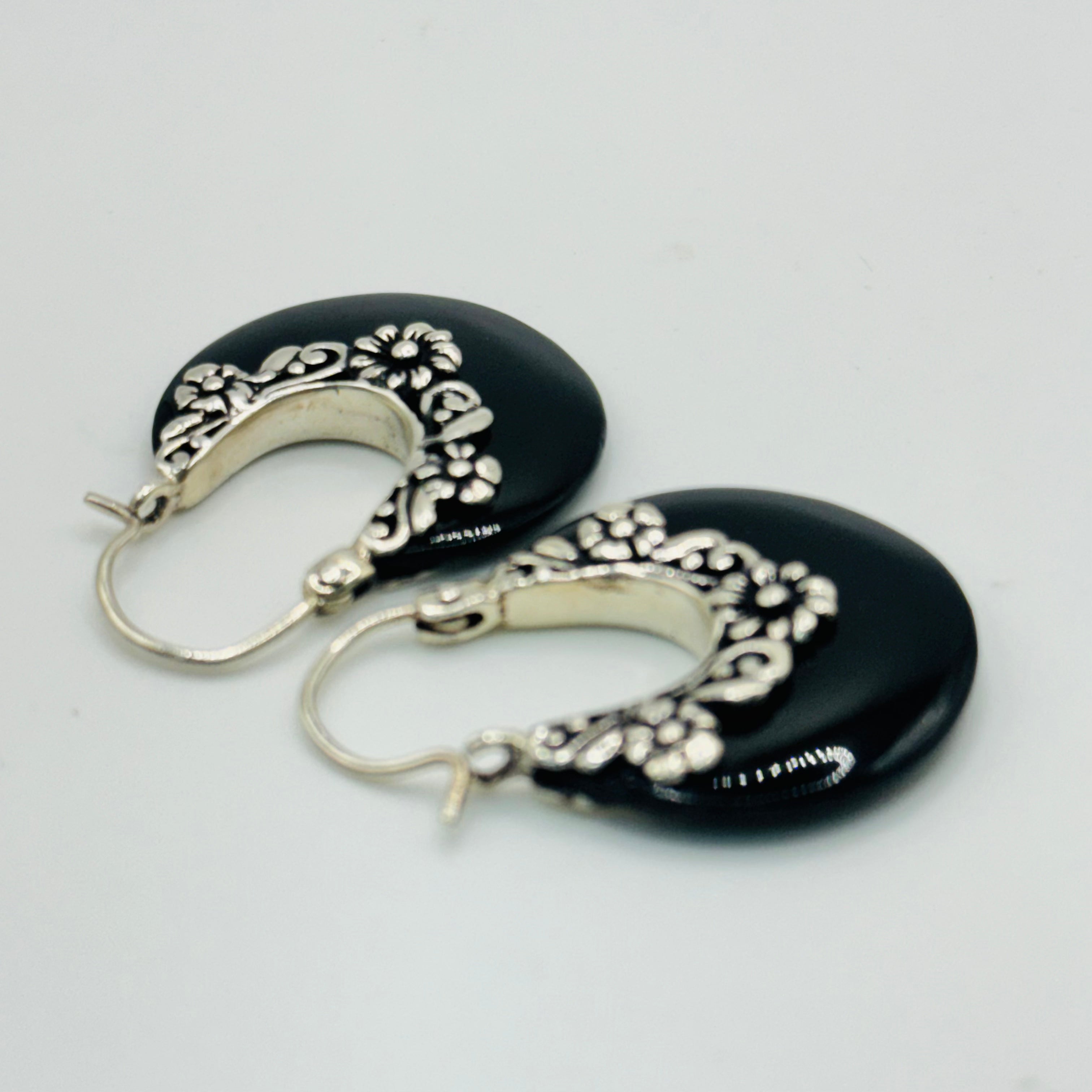 Handmade Obsidian Earrings with Flower Detail | 950 Sterling Silver