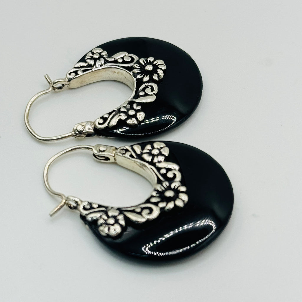 Handmade Obsidian Earrings with Flower Detail | 950 Sterling Silver