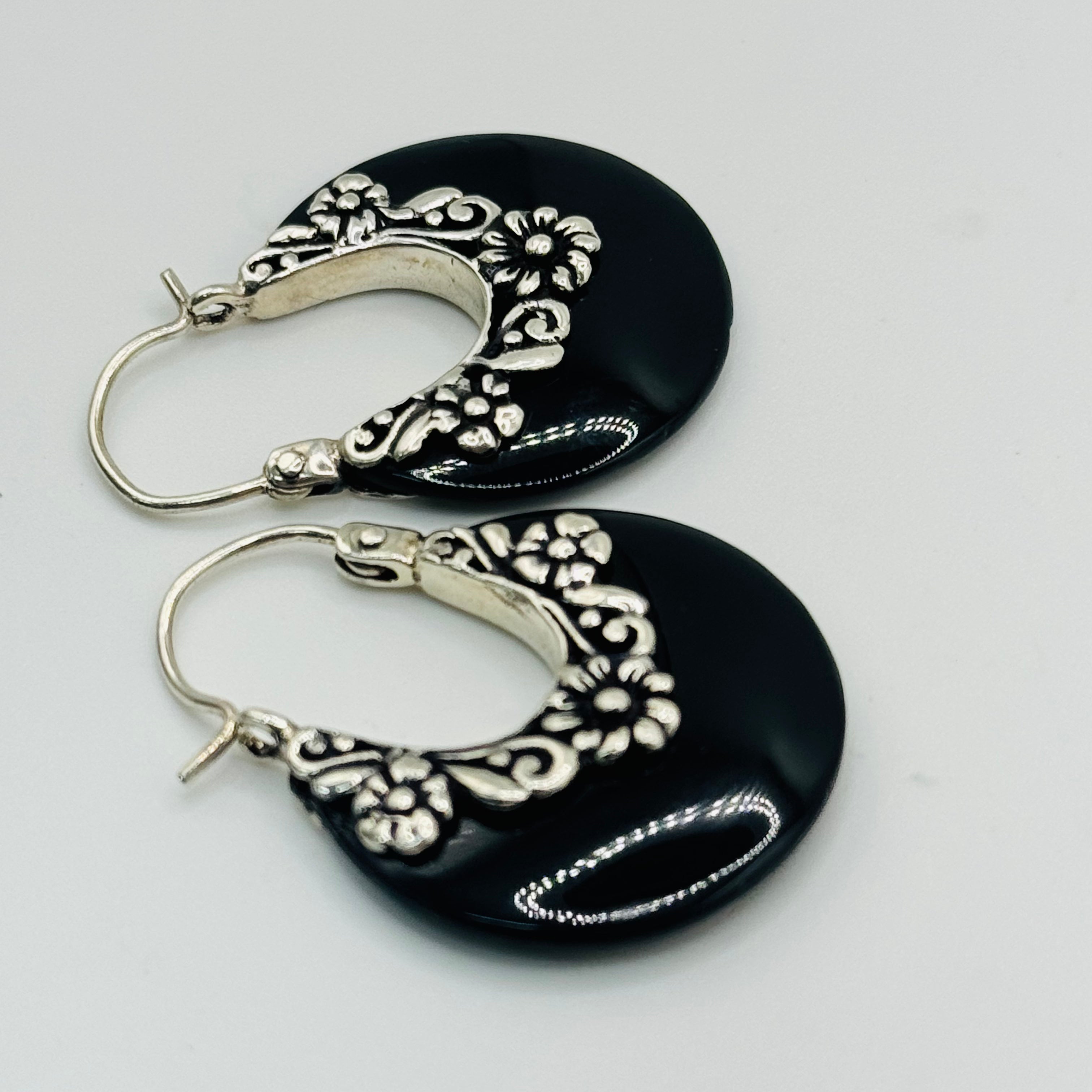 Handmade Obsidian Earrings with Flower Detail | 950 Sterling Silver