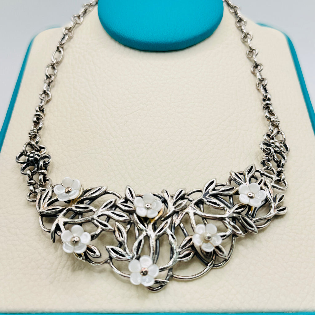Handmade White Mother of Pearl Leaf & Flower Necklace and Earrings Set | 950 Sterling Silver