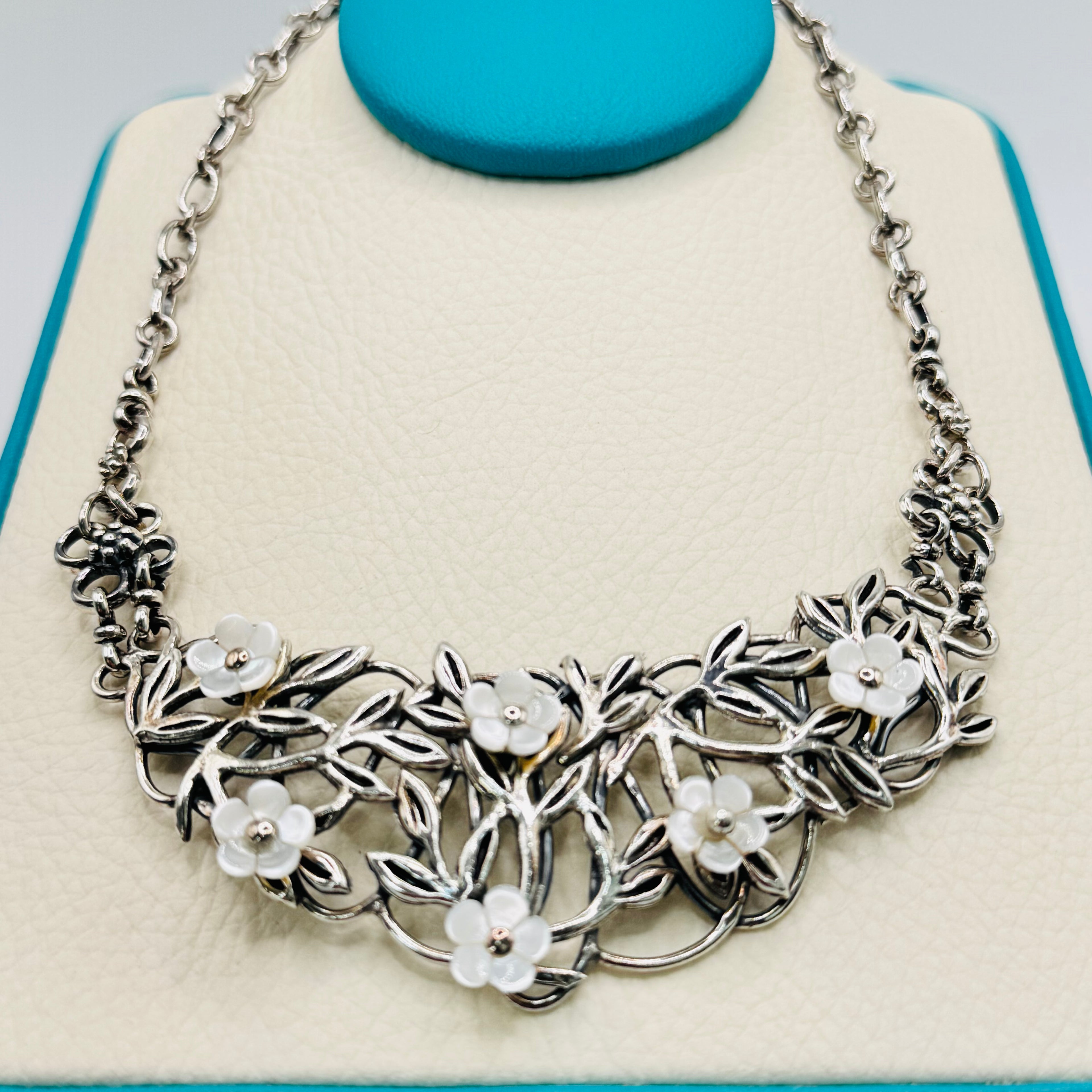 Handmade White Mother of Pearl Leaf & Flower Necklace and Earrings Set | 950 Sterling Silver