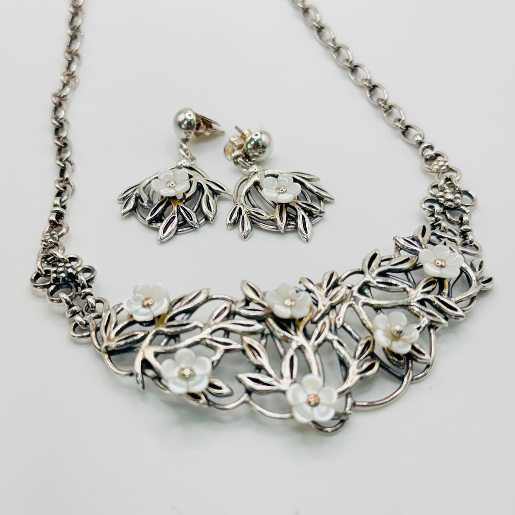 Handmade White Mother of Pearl Leaf & Flower Necklace and Earrings Set | 950 Sterling Silver