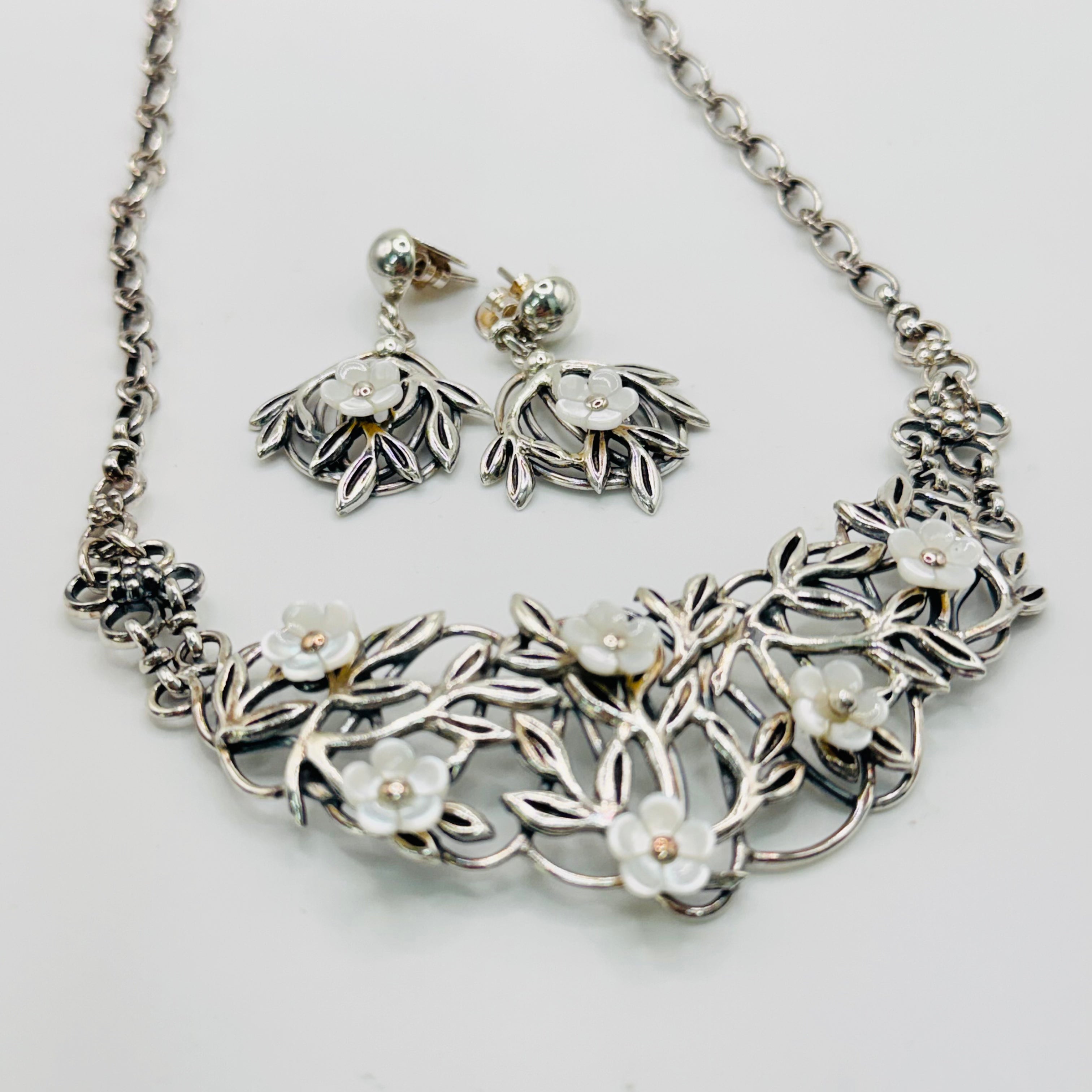 Handmade White Mother of Pearl Leaf & Flower Necklace and Earrings Set | 950 Sterling Silver