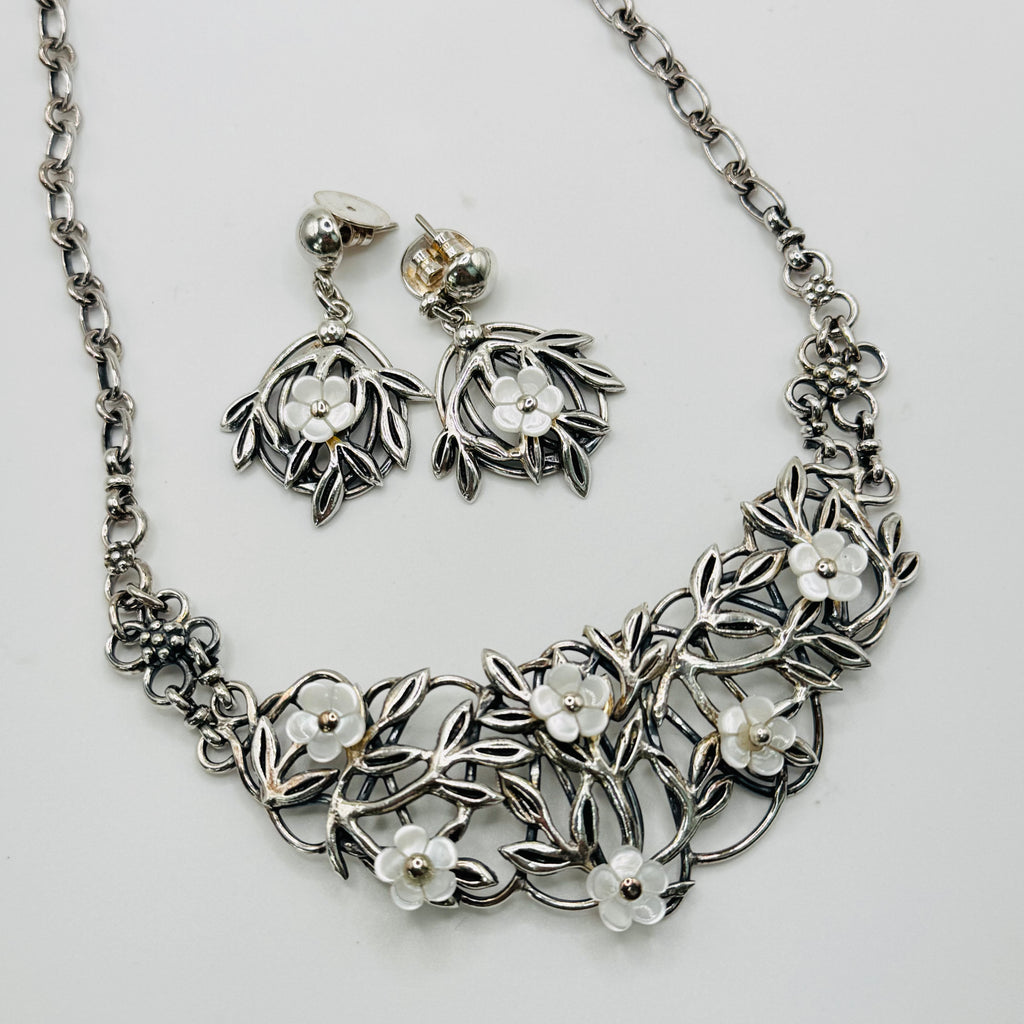 Handmade White Mother of Pearl Leaf & Flower Necklace and Earrings Set | 950 Sterling Silver