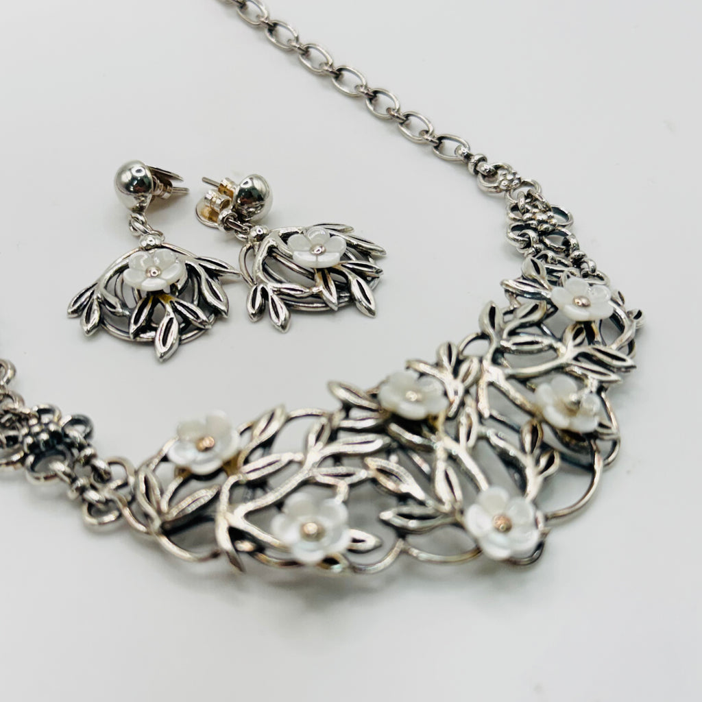 Handmade White Mother of Pearl Leaf & Flower Necklace and Earrings Set | 950 Sterling Silver