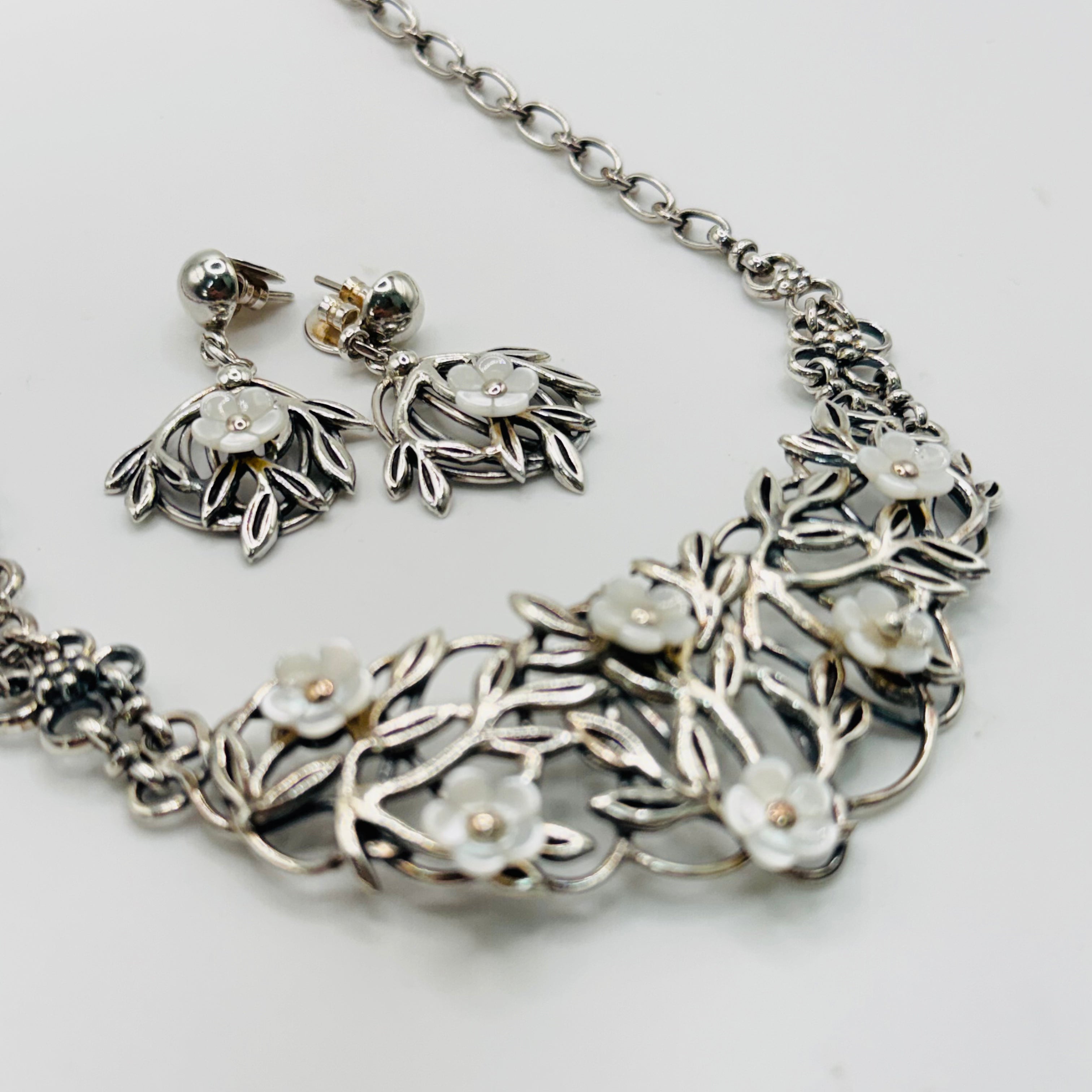 Handmade White Mother of Pearl Leaf & Flower Necklace and Earrings Set | 950 Sterling Silver