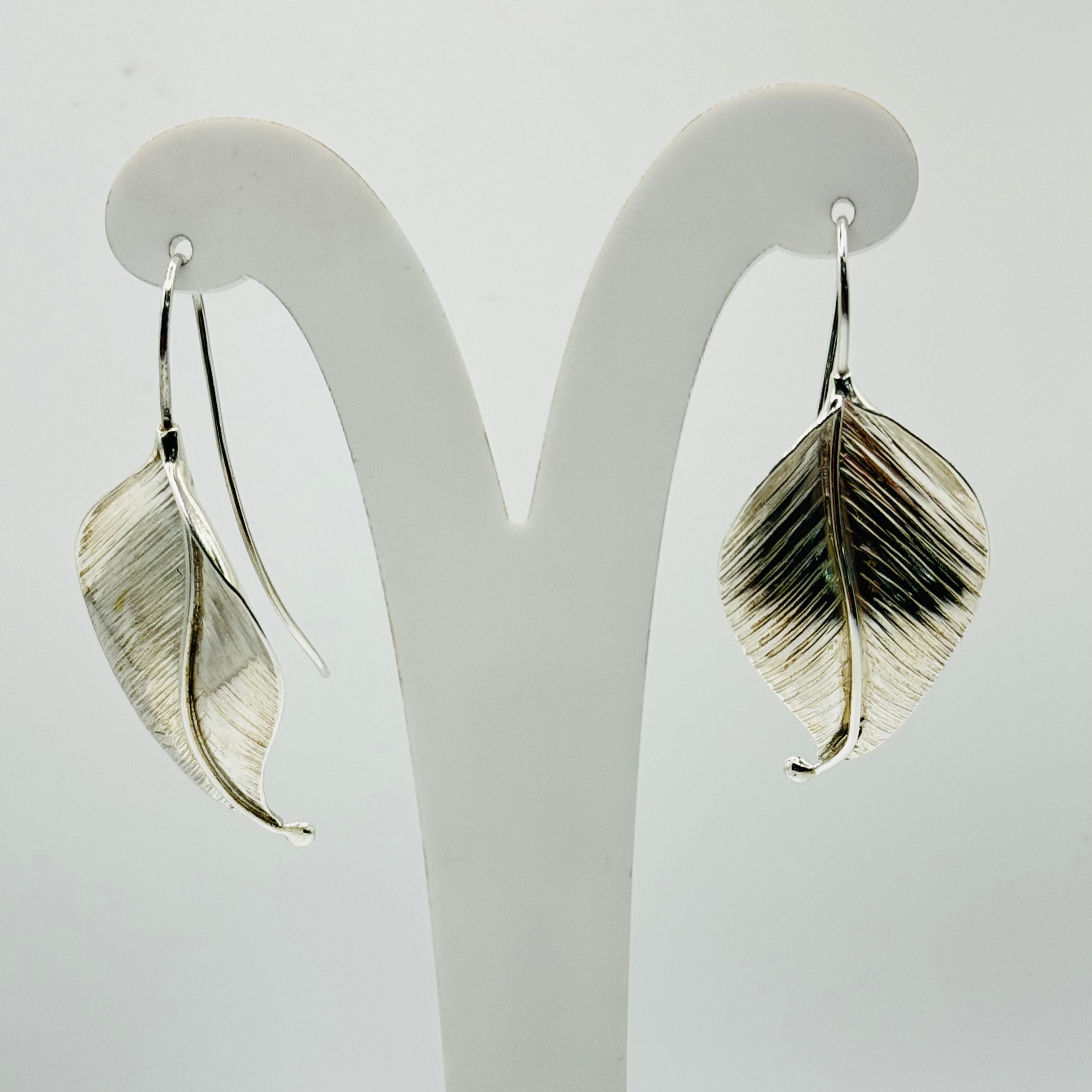 Long Textured Leaf Sterling Silver 950 Handmade Earrings