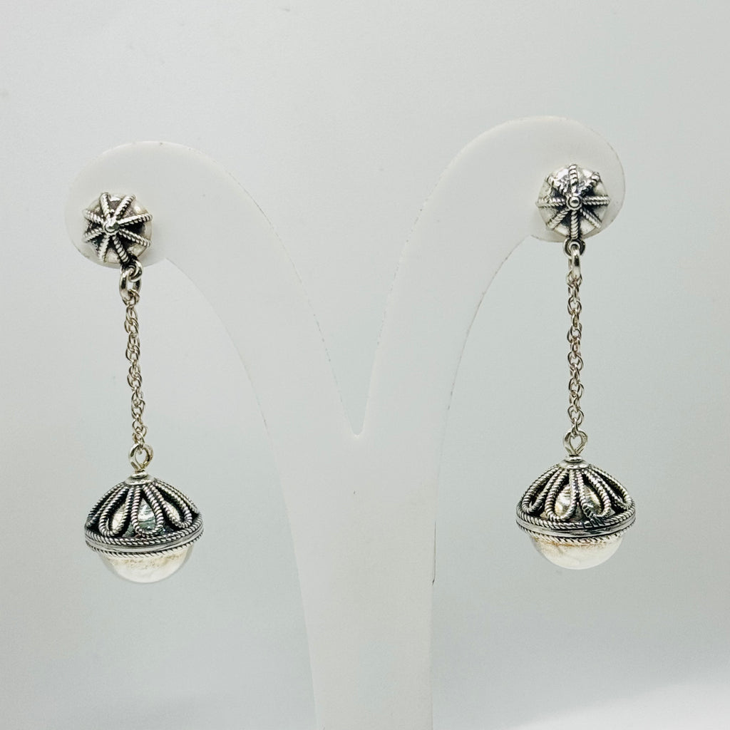 Handmade Sterling Silver 950 Ball Drop Earrings with Wire Detail