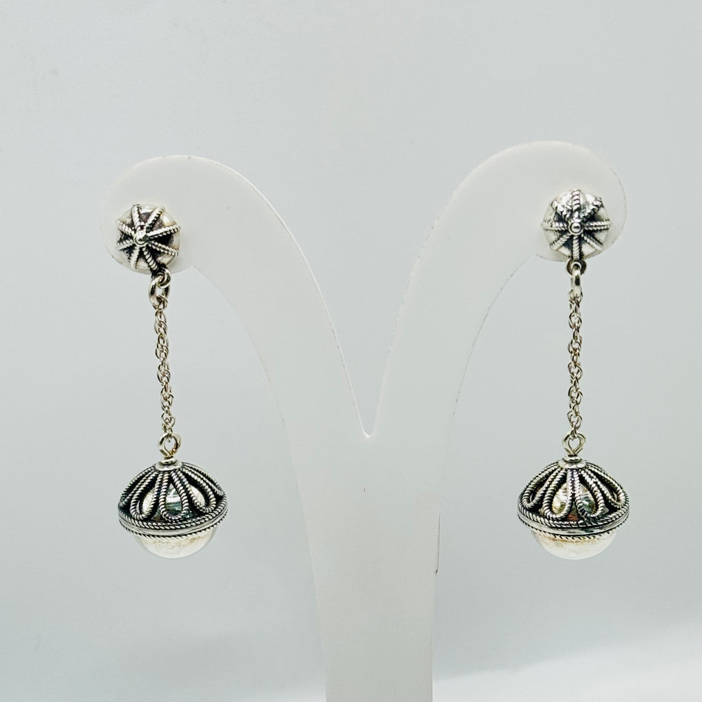 Handmade Sterling Silver 950 Ball Drop Earrings with Wire Detail