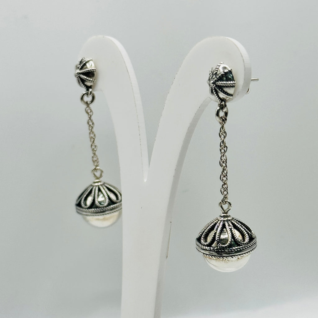 Handmade Sterling Silver 950 Ball Drop Earrings with Wire Detail