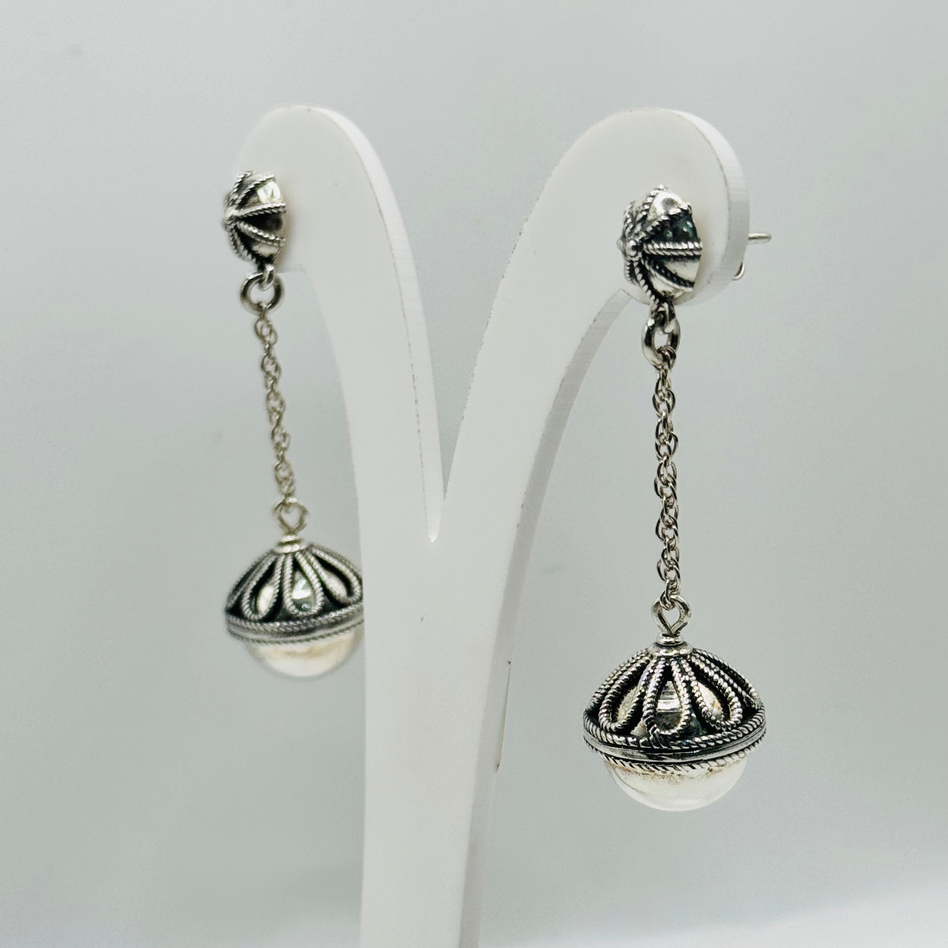 Handmade Sterling Silver 950 Ball Drop Earrings with Wire Detail