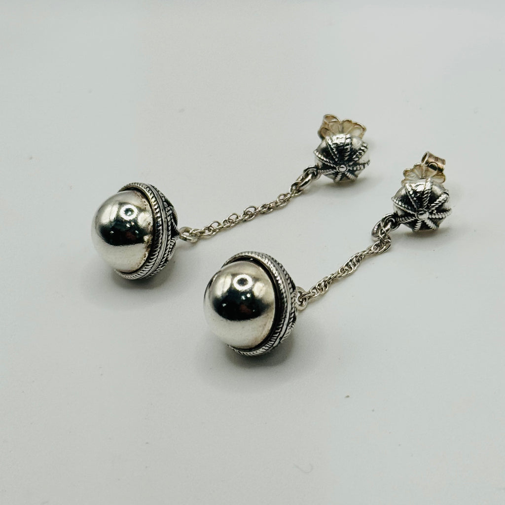 Handmade Sterling Silver 950 Ball Drop Earrings with Wire Detail