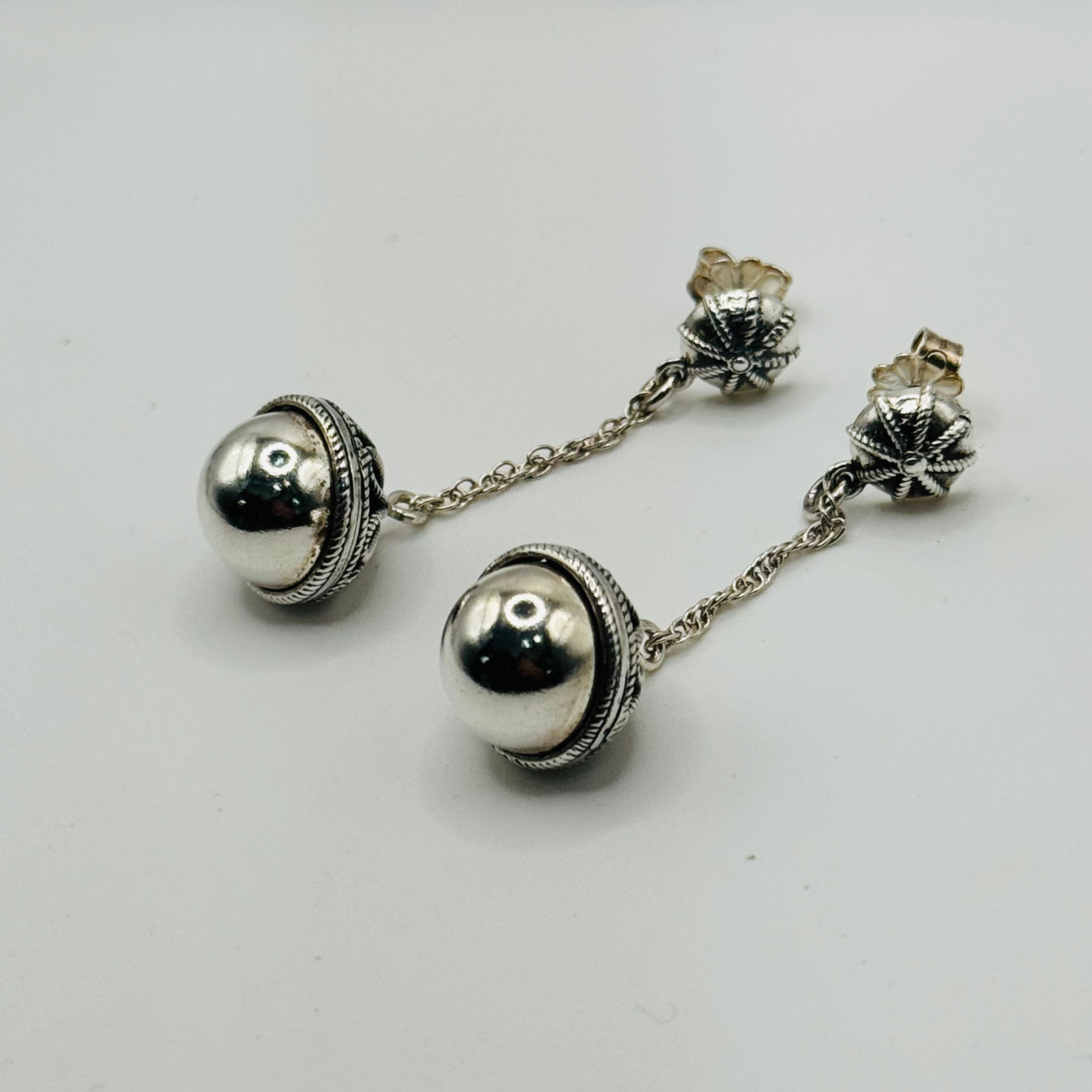Handmade Sterling Silver 950 Ball Drop Earrings with Wire Detail