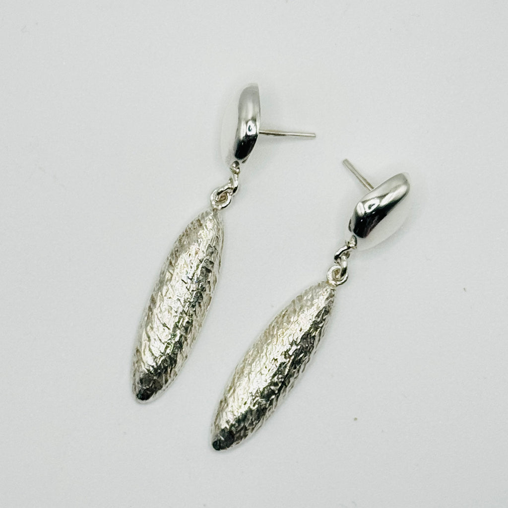 Delicate Long Almond-Shaped Volumetric Textured Sterling Silver 950 Handmade Earrings