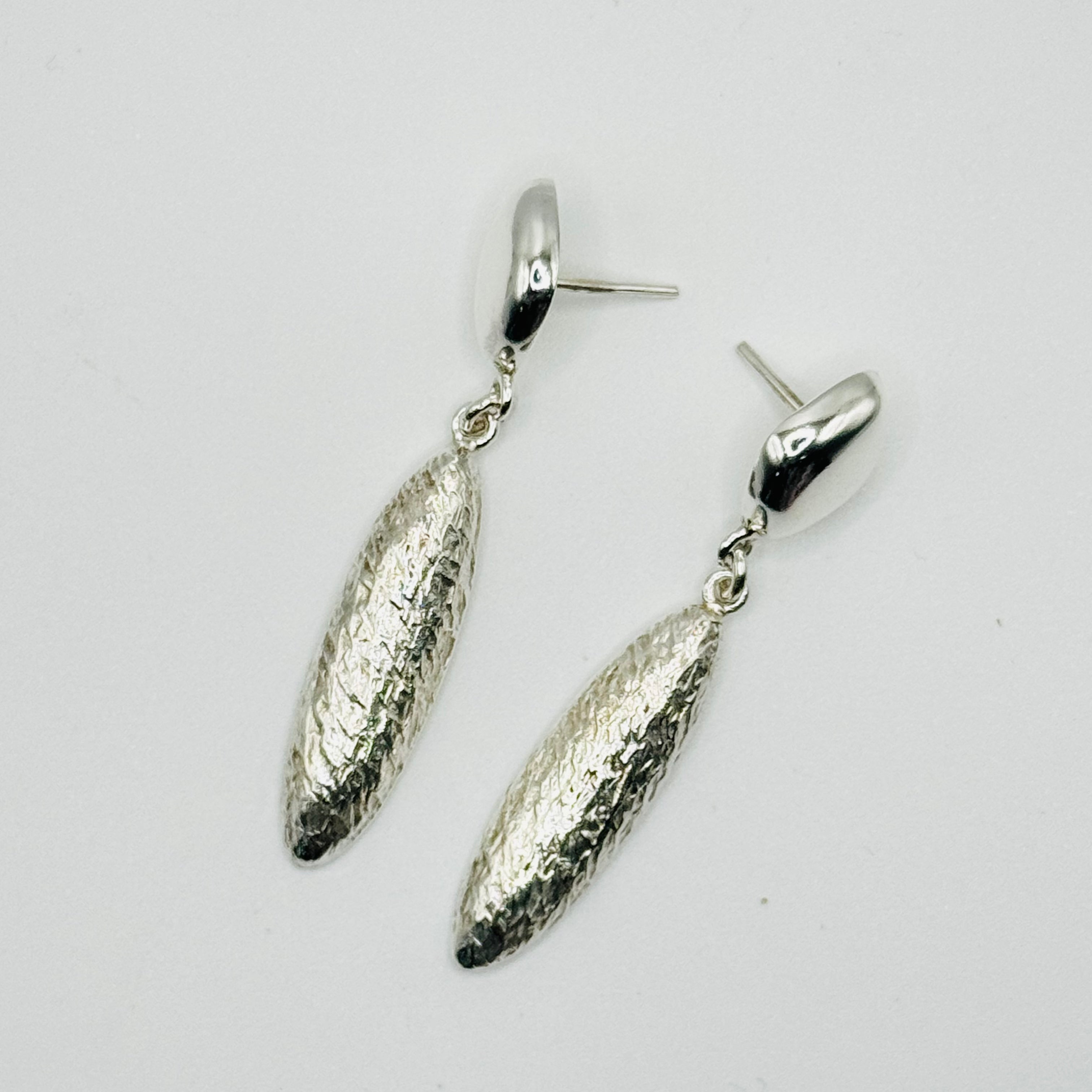 Delicate Long Almond-Shaped Volumetric Textured Sterling Silver 950 Handmade Earrings