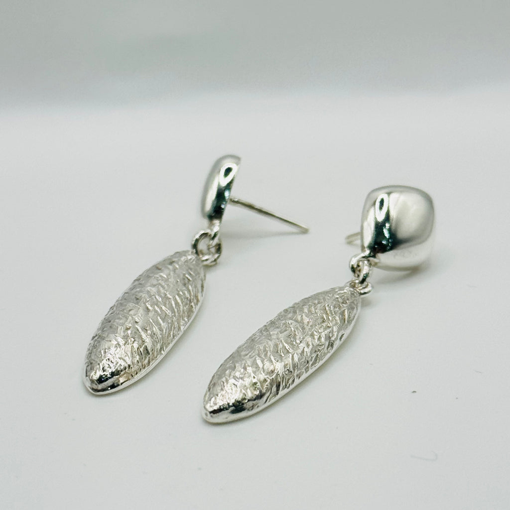 Delicate Long Almond-Shaped Volumetric Textured Sterling Silver 950 Handmade Earrings