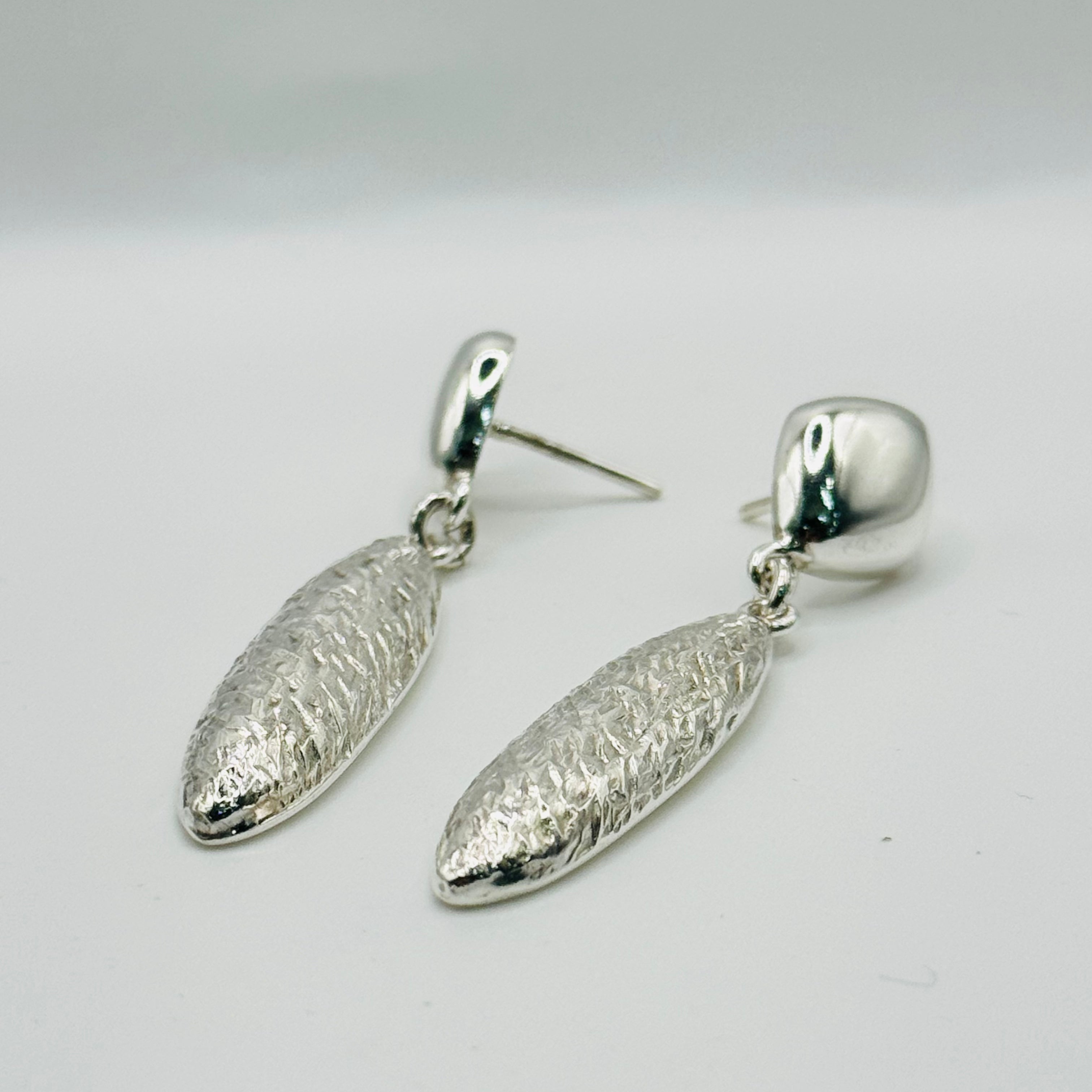 Delicate Long Almond-Shaped Volumetric Textured Sterling Silver 950 Handmade Earrings