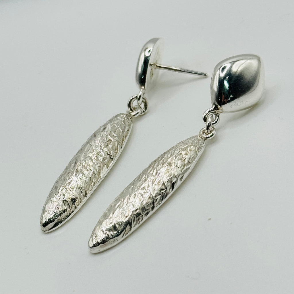 Delicate Long Almond-Shaped Volumetric Textured Sterling Silver 950 Handmade Earrings