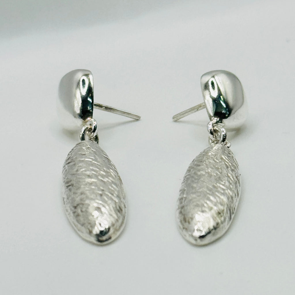 Delicate Long Almond-Shaped Volumetric Textured Sterling Silver 950 Handmade Earrings