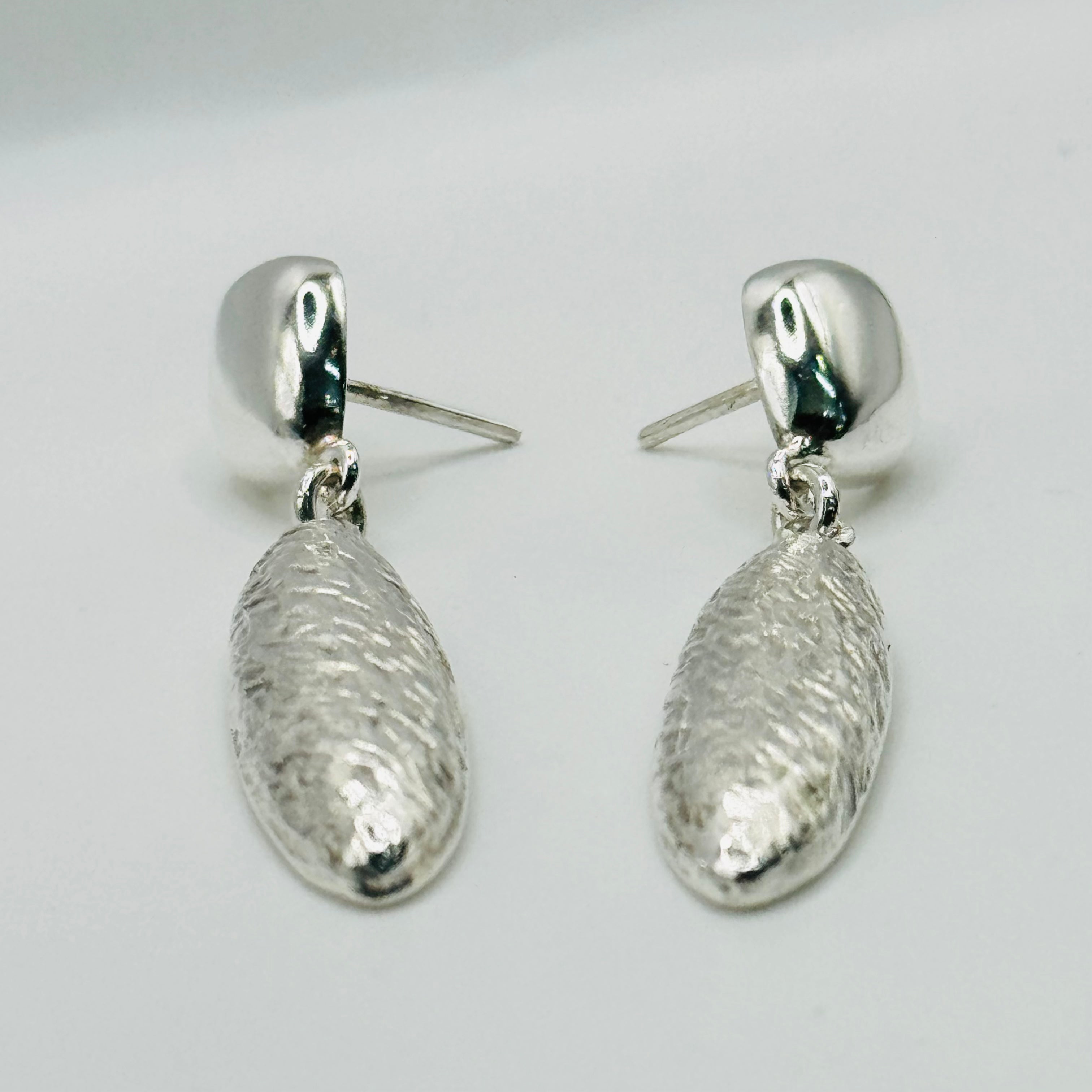 Delicate Long Almond-Shaped Volumetric Textured Sterling Silver 950 Handmade Earrings