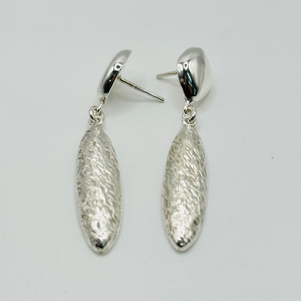 Delicate Long Almond-Shaped Volumetric Textured Sterling Silver 950 Handmade Earrings