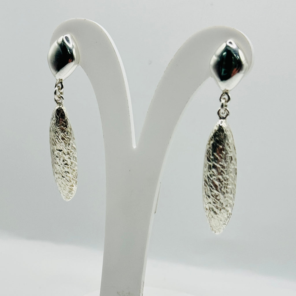 Delicate Long Almond-Shaped Volumetric Textured Sterling Silver 950 Handmade Earrings