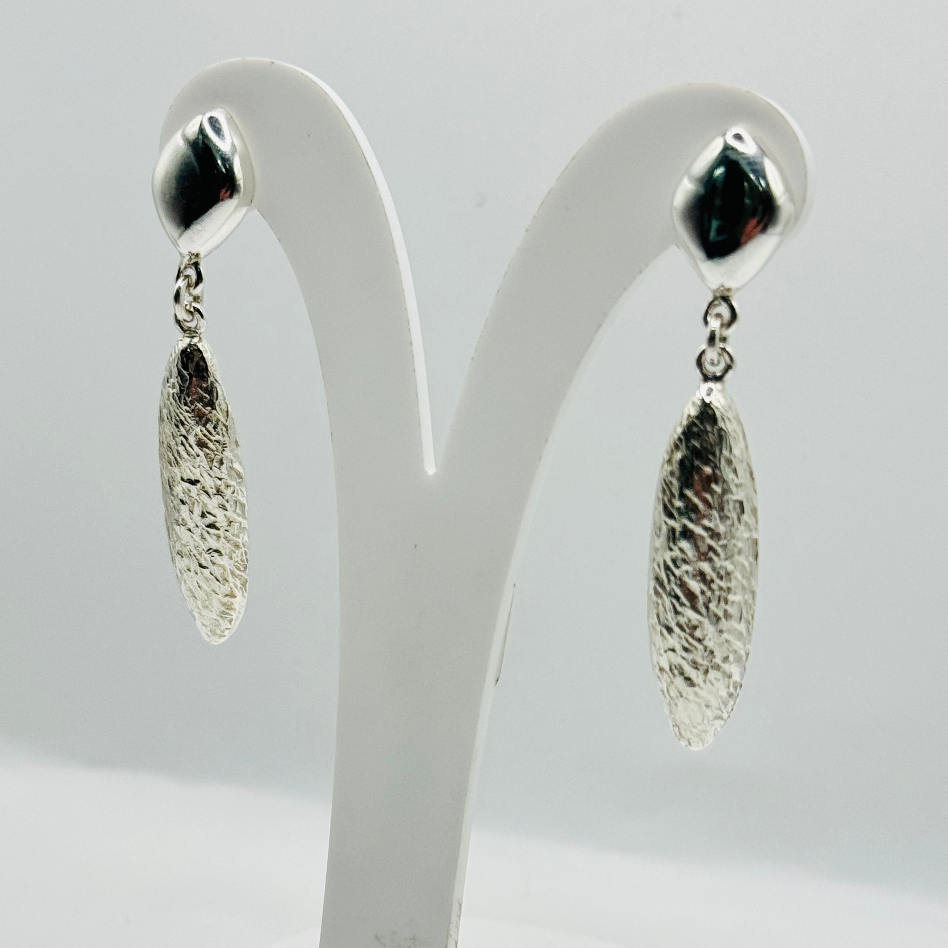 Delicate Long Almond-Shaped Volumetric Textured Sterling Silver 950 Handmade Earrings