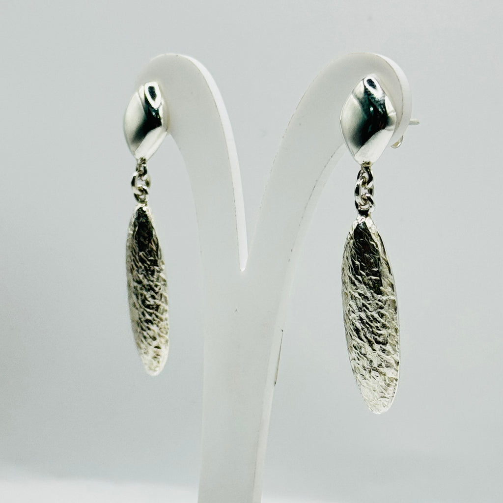 Delicate Long Almond-Shaped Volumetric Textured Sterling Silver 950 Handmade Earrings