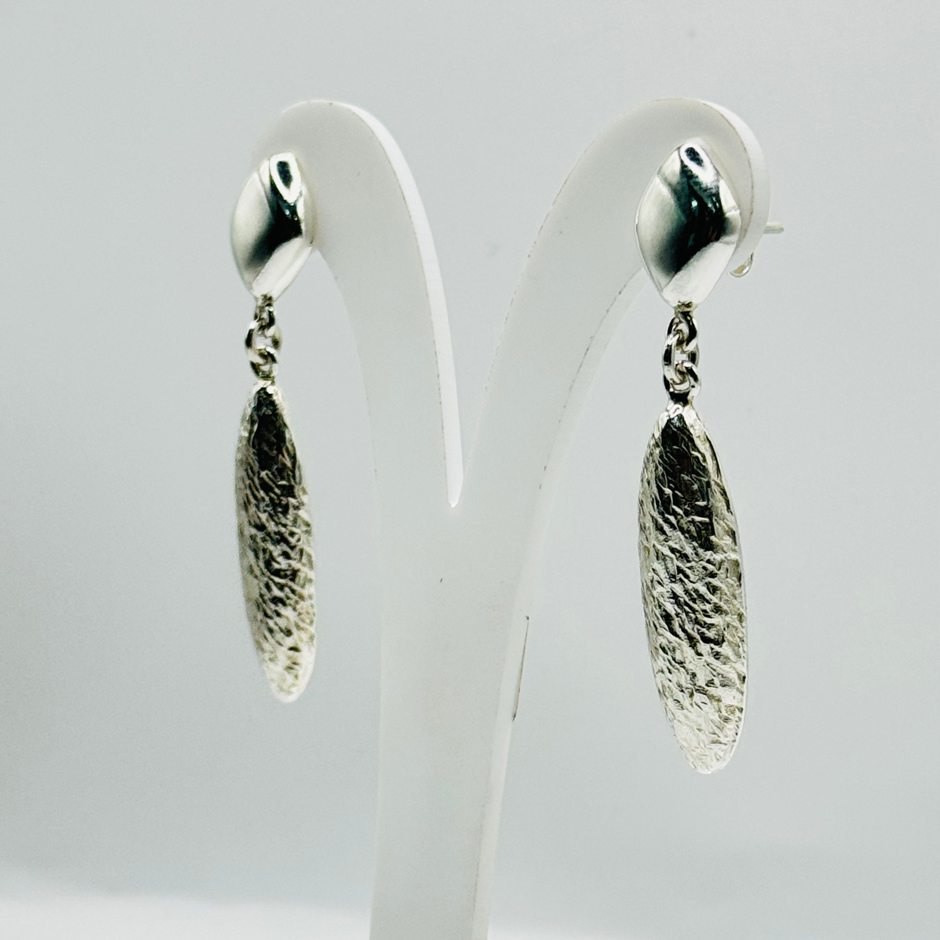 Delicate Long Almond-Shaped Volumetric Textured Sterling Silver 950 Handmade Earrings