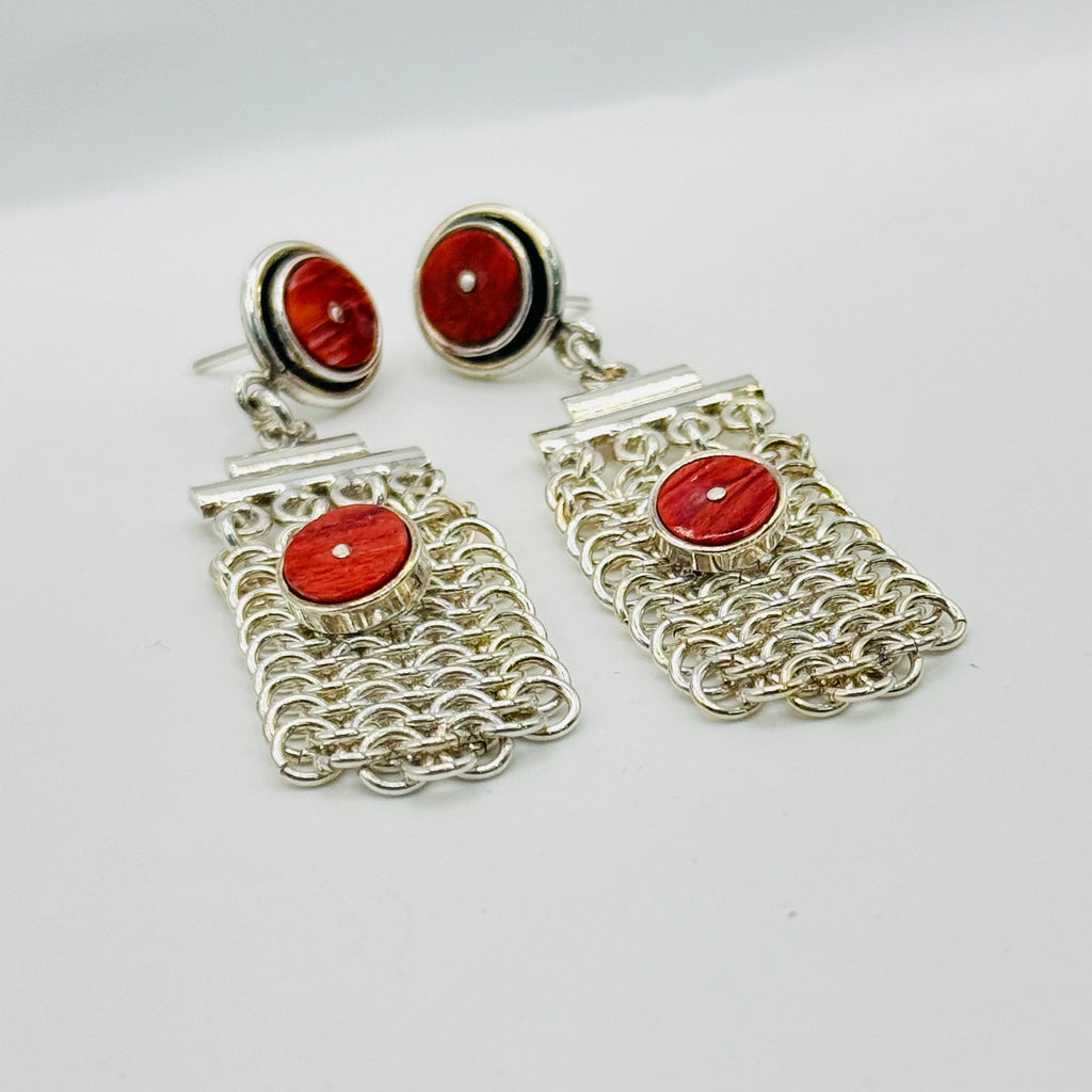 Hand-Woven Sterling Silver 950 & Red Spiny Oyster Earrings