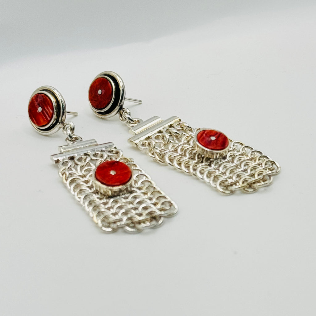 Hand-Woven Sterling Silver 950 & Red Spiny Oyster Earrings