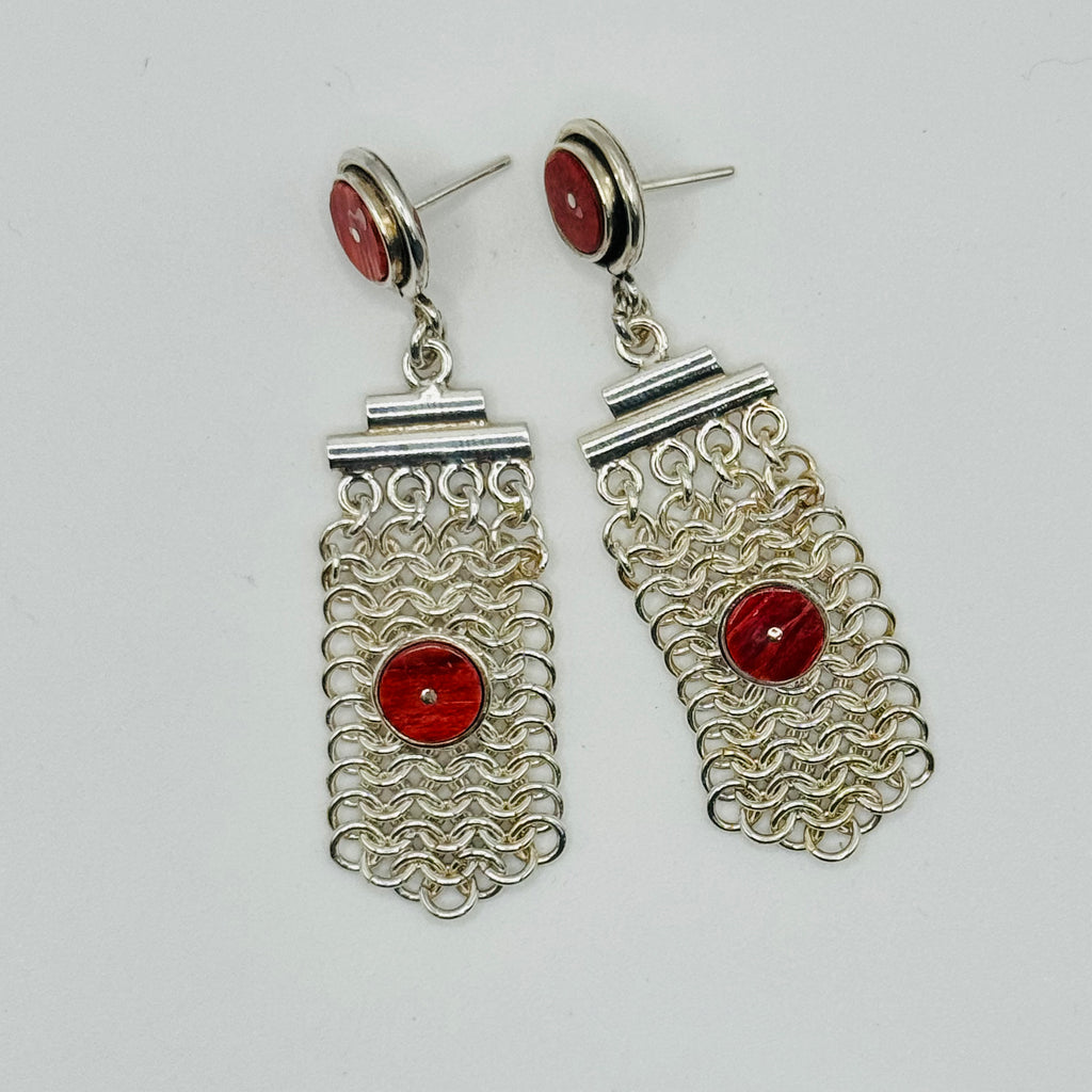 Hand-Woven Sterling Silver 950 & Red Spiny Oyster Earrings