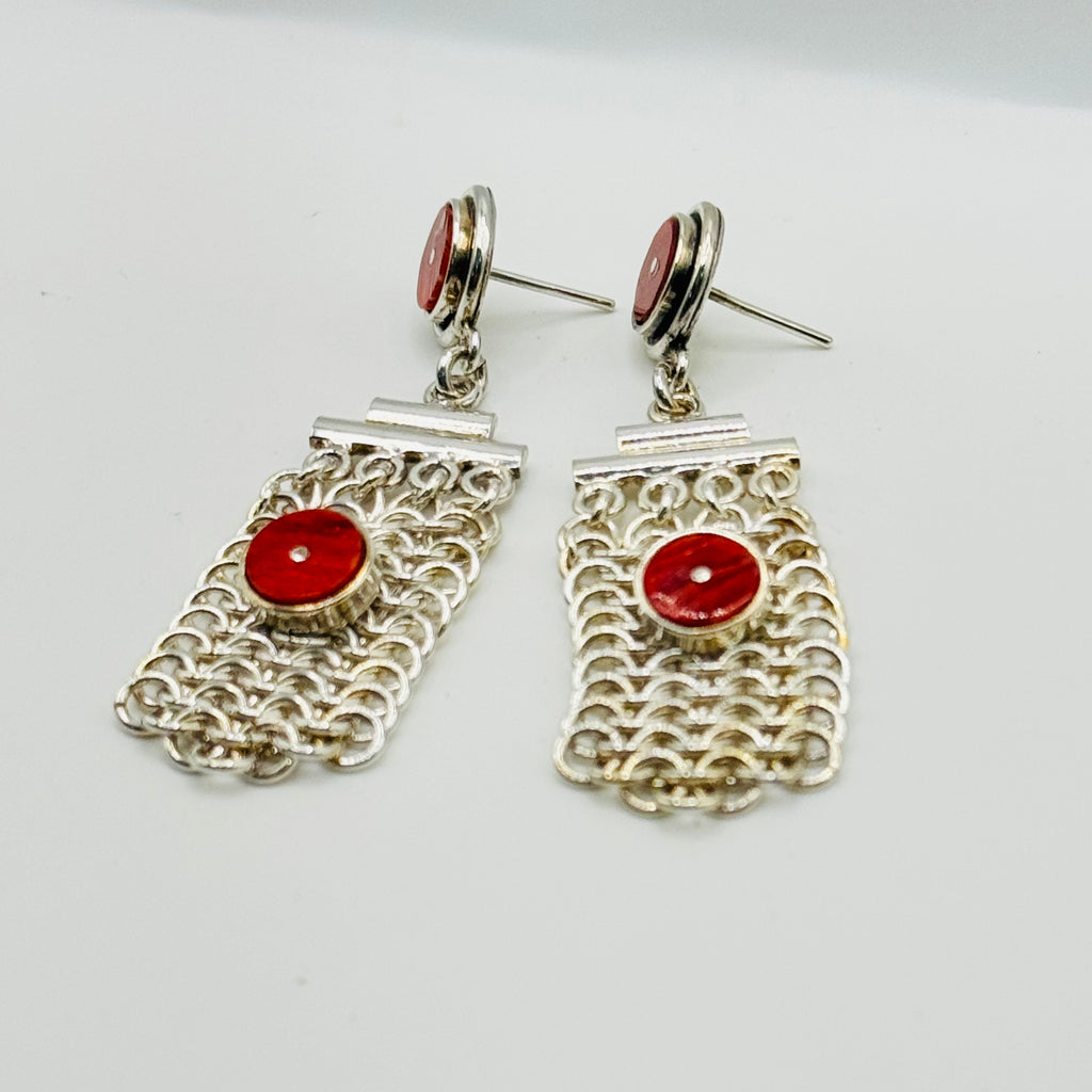 Hand-Woven Sterling Silver 950 & Red Spiny Oyster Earrings