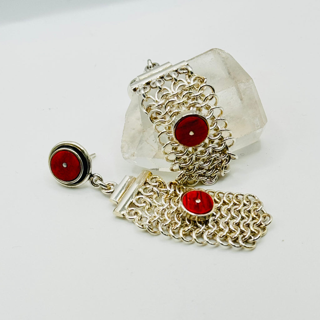 Hand-Woven Sterling Silver 950 & Red Spiny Oyster Earrings