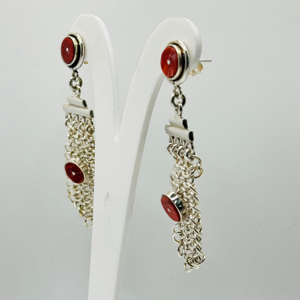 Hand-Woven Sterling Silver 950 & Red Spiny Oyster Earrings