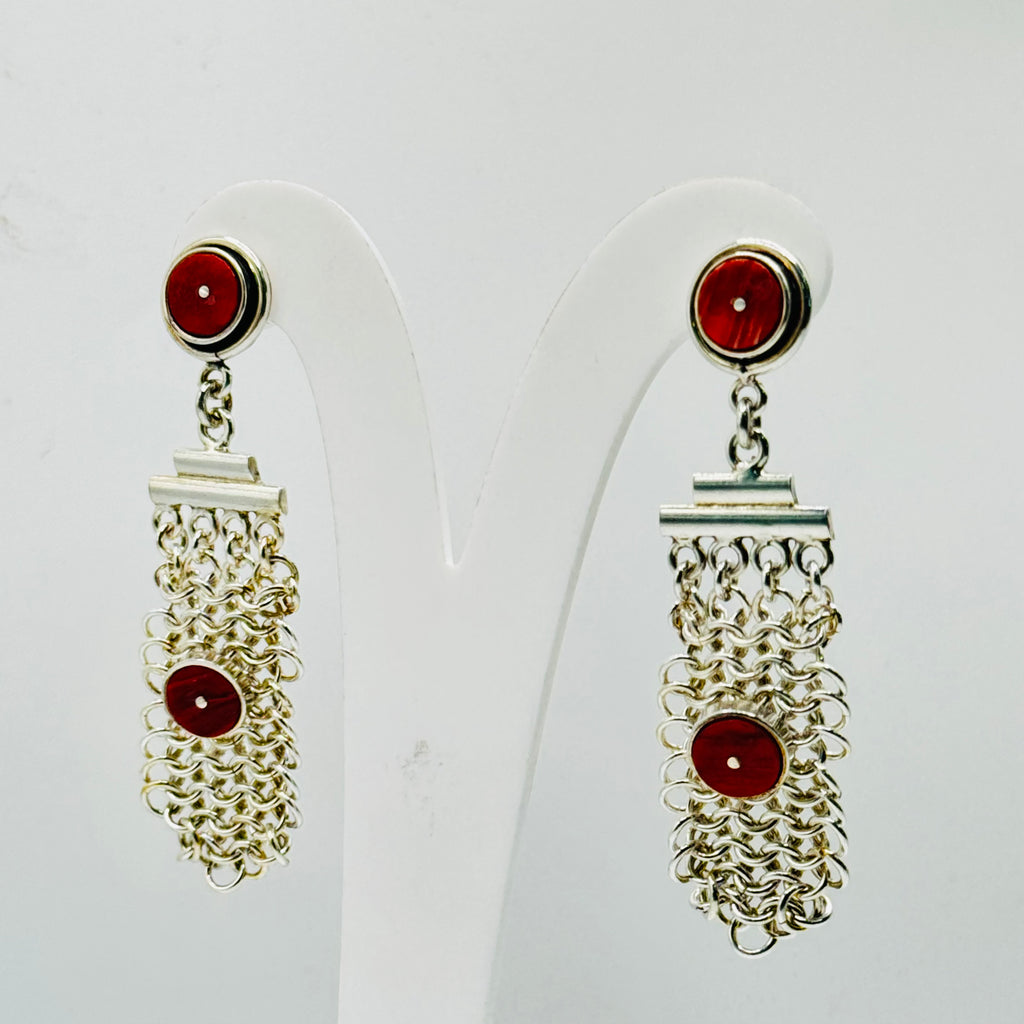 Hand-Woven Sterling Silver 950 & Red Spiny Oyster Earrings