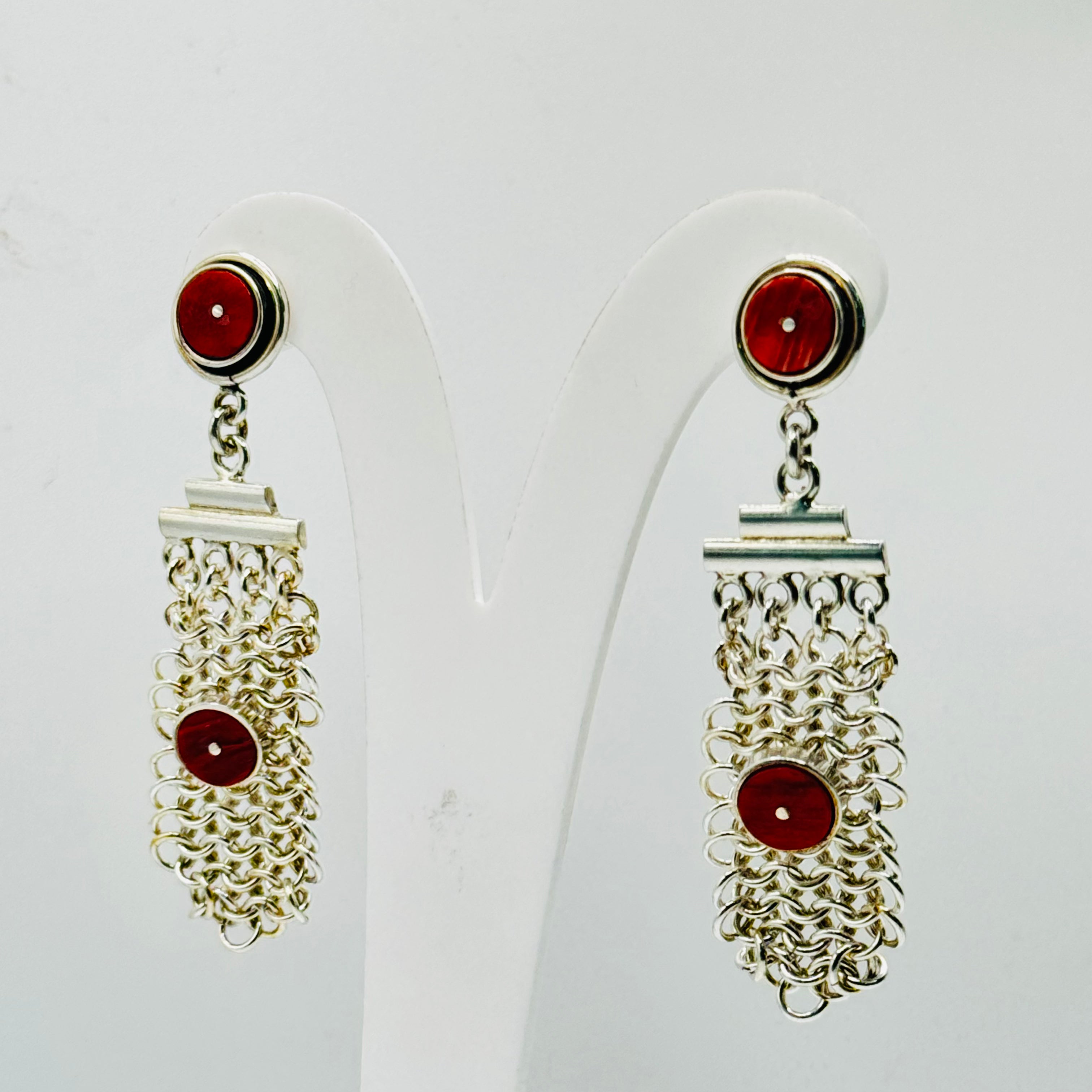 Hand-Woven Sterling Silver 950 & Red Spiny Oyster Earrings