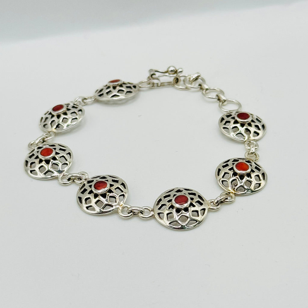 Sterling Silver 950 & Red Spiny Oyster Handmade Bracelet