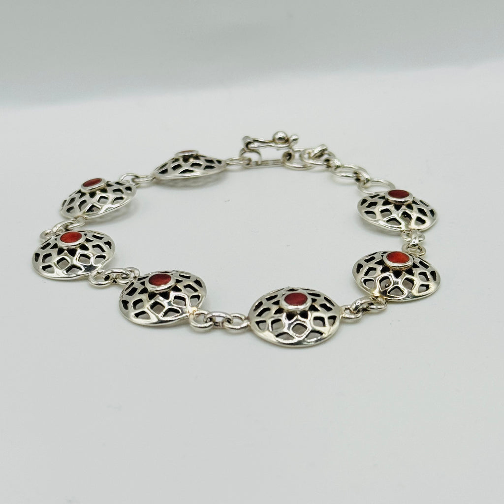 Sterling Silver 950 & Red Spiny Oyster Handmade Bracelet
