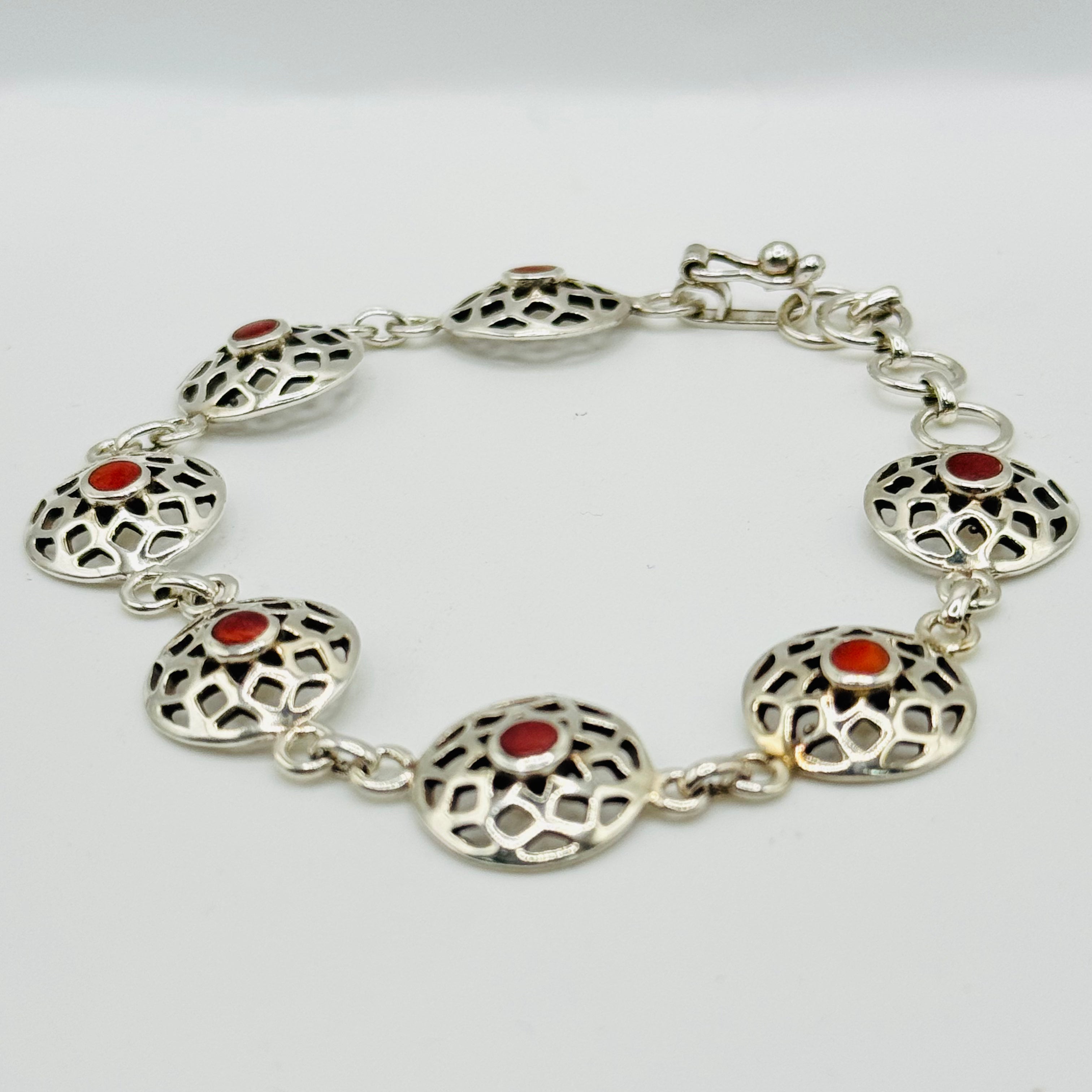 Sterling Silver 950 & Red Spiny Oyster Handmade Bracelet