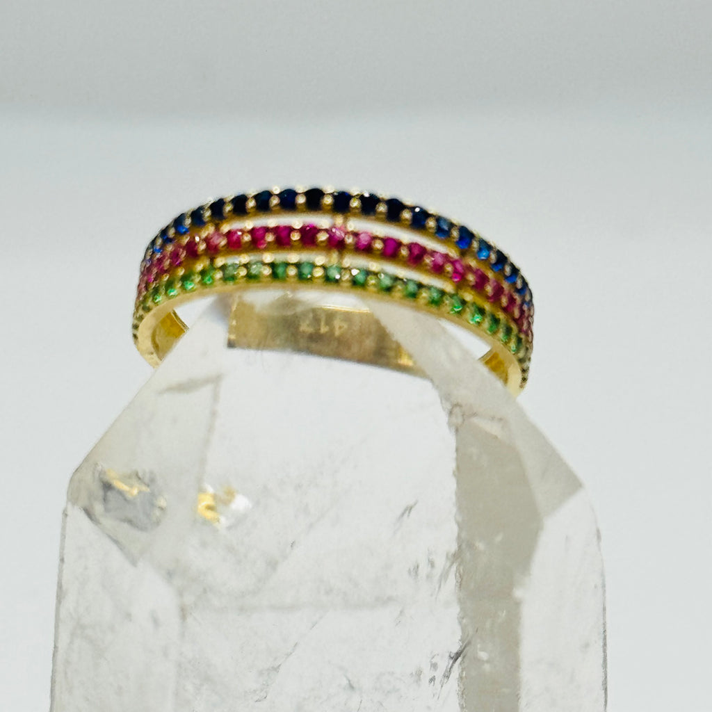 10K Gold Ring with Three Lines of Colorful Swarovski Crystals - Size 7